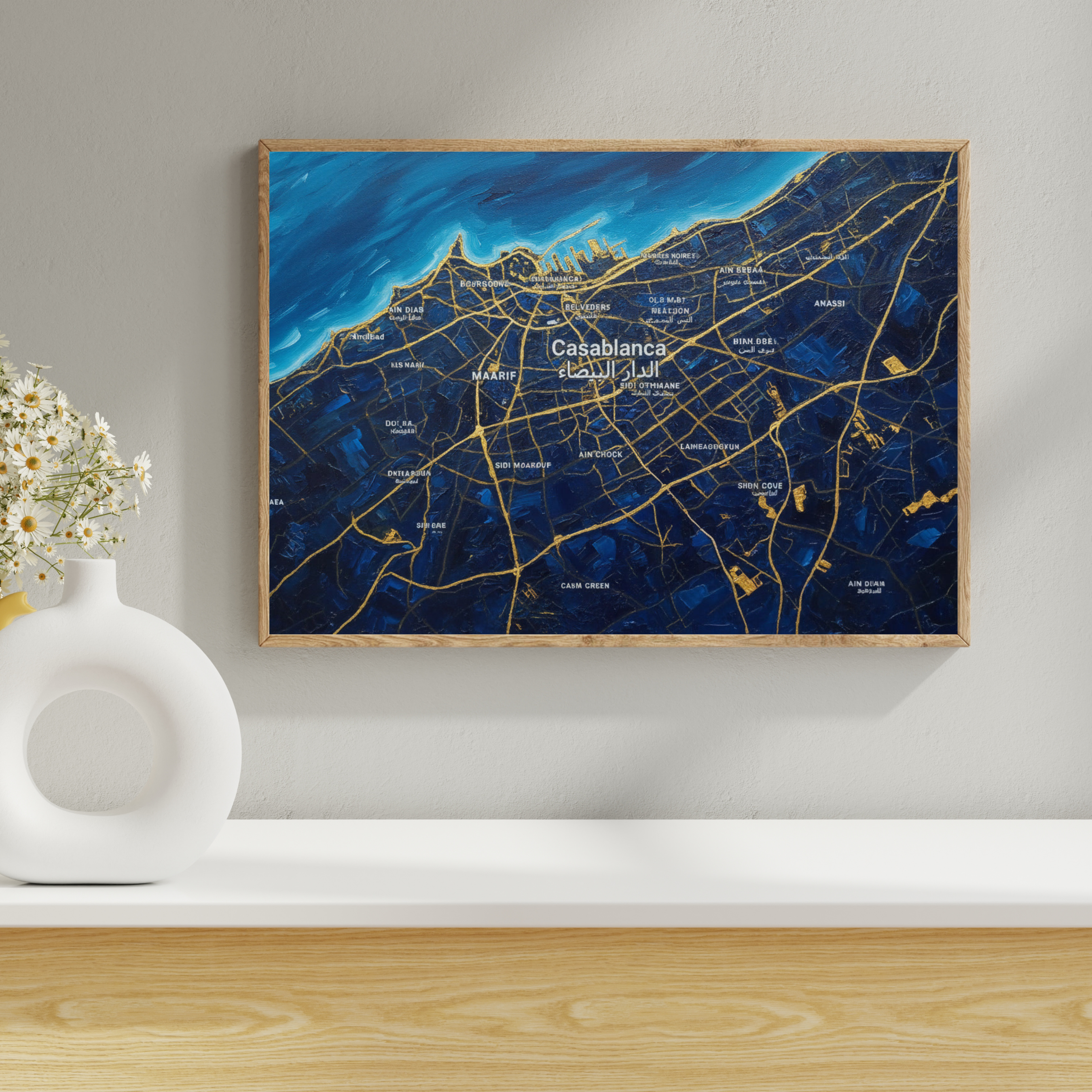 Casablanca Abstract Map Art - Deep Blue & Gold Edition